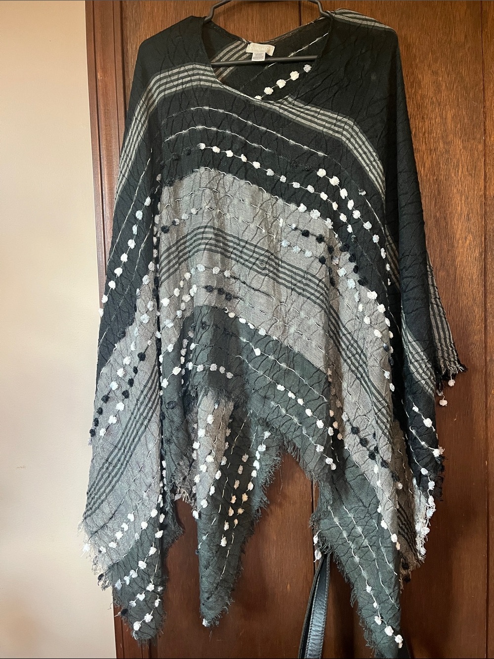 Demdaco Black and Gray Knit Shawl with White Pom Embroidery
